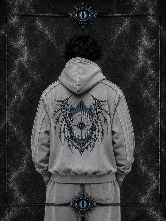 Close up of the adjustable drawstring hood and heavy snow wash fabric texture