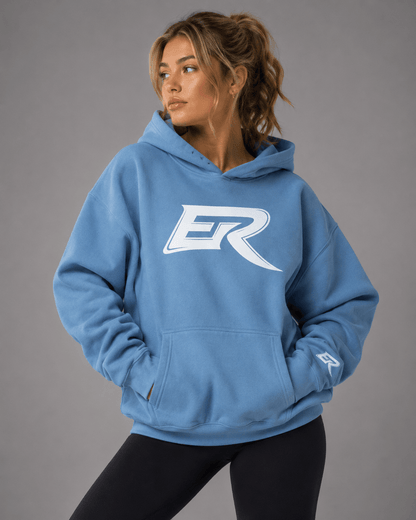 Thick fleeced cotton blend hoodie showing ribbed waistband and cuffs texture
