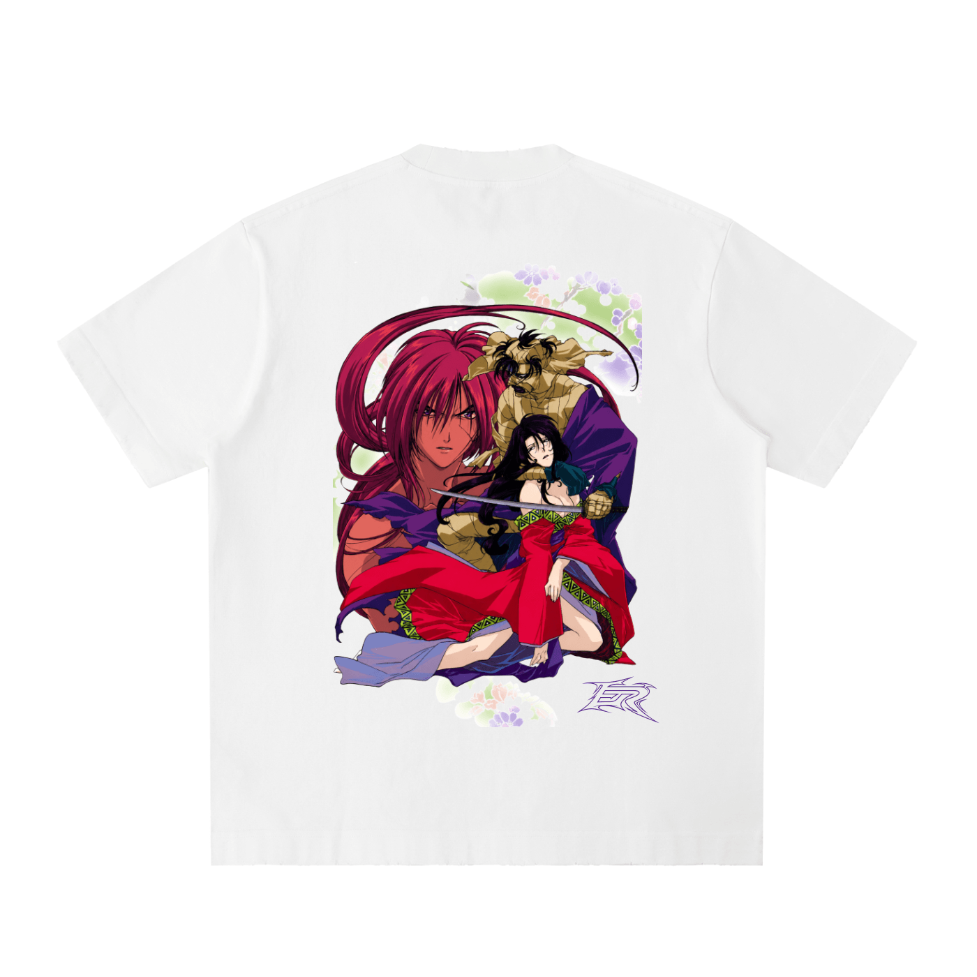 White oversized KENSHIN & SHISHIO TEE with detailed anime print graphic front view