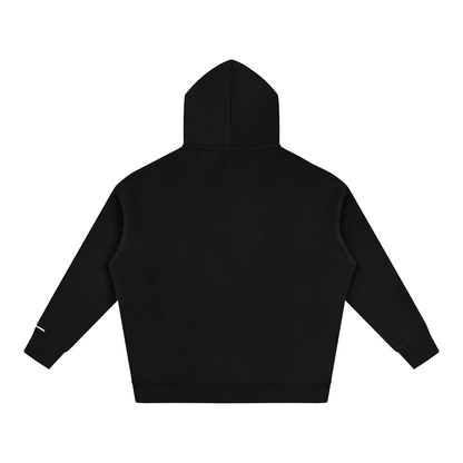 Thick fleeced cotton blend hoodie showing ribbed waistband and cuffs texture
