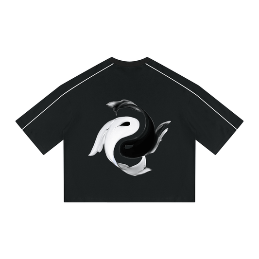 Yin Yang Pump Cover showing a stylish black crop shirt with a bold Yin Yang design on the back.