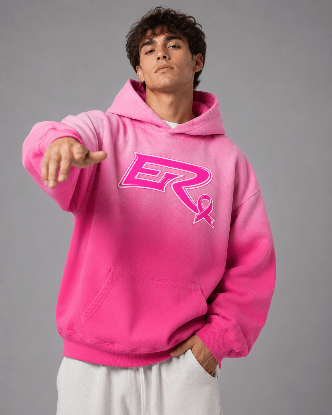 Heavyweight 400 g/m² pink gradient hoodie with premium kangaroo pocket details