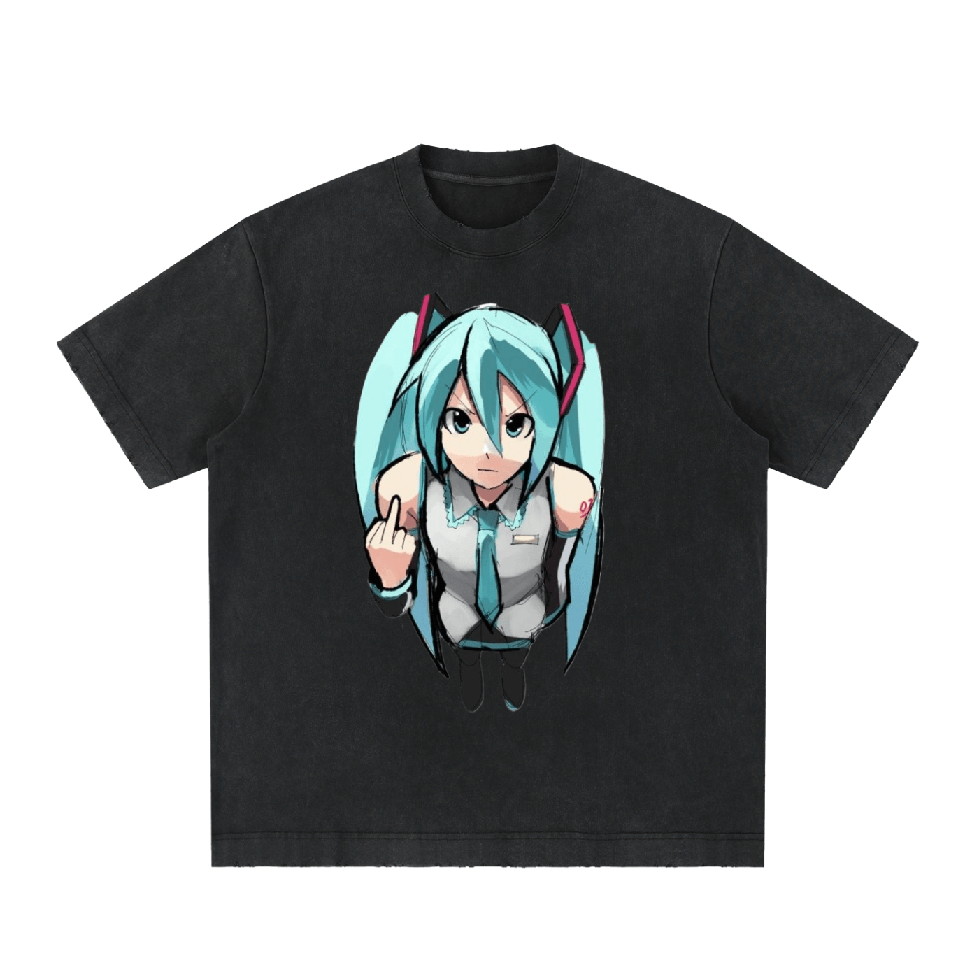 Studio product flat lay of the white oversized MIKU TEE anime streetwear shirt