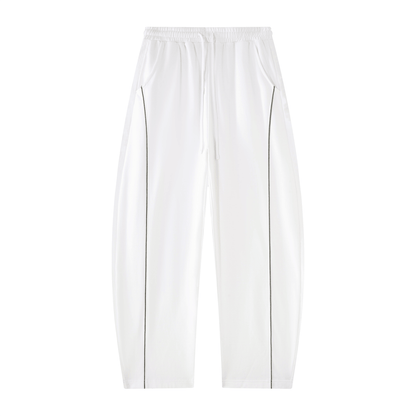 Elevate Single Stripe Sweatpants in white with side pockets and black stripe details.