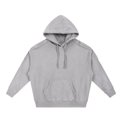 Close up of the adjustable drawstring hood and heavy snow wash fabric texture