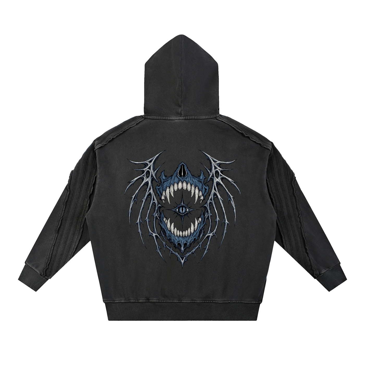 Rear view of the relaxed streetwear crop hoodie showing premium patchwork stitching