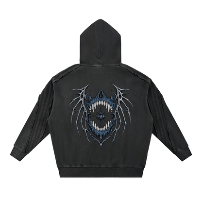 Rear view of the relaxed streetwear crop hoodie showing premium patchwork stitching