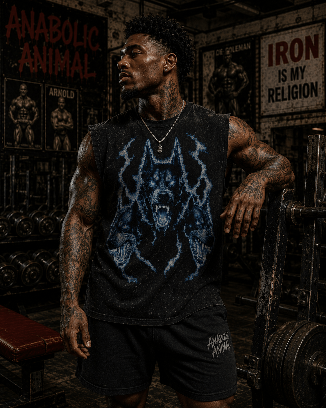 Close up of detailed Cerberus graphic on boxy fit sleeveless gym tee