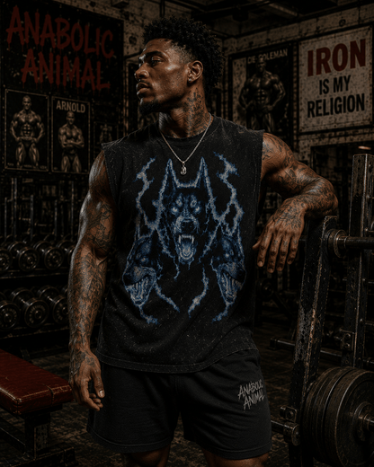 Close up of detailed Cerberus graphic on boxy fit sleeveless gym tee