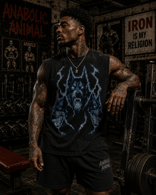 Close up of detailed Cerberus graphic on boxy fit sleeveless gym tee