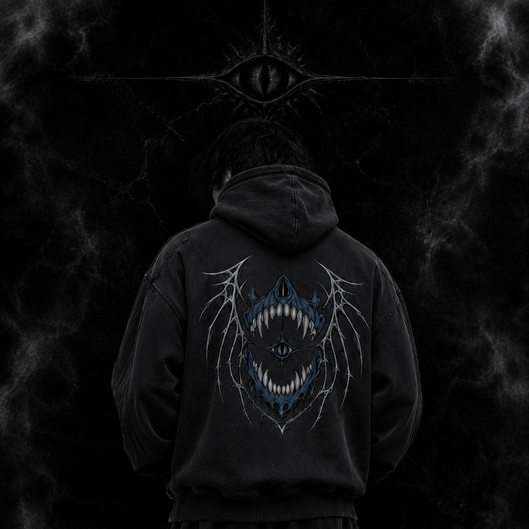 Black WINGED AZURE WITNESS HOODIE option showcasing the detailed graphic art layout