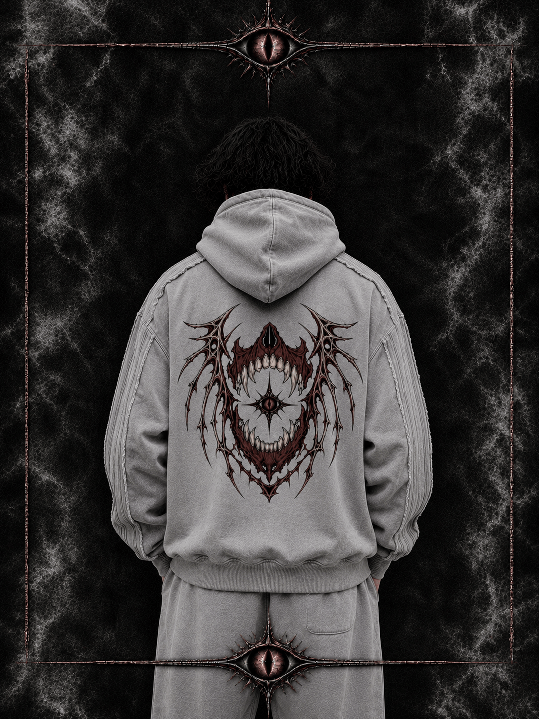 Light gray WINGED CRIMSON WITNESS HOODIE showing cropped oversized fit and front print