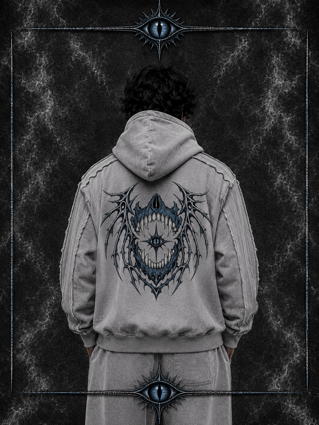 Close up of the adjustable drawstring hood and heavy snow wash fabric texture