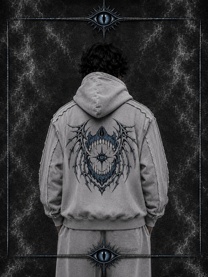 Close up of the adjustable drawstring hood and heavy snow wash fabric texture