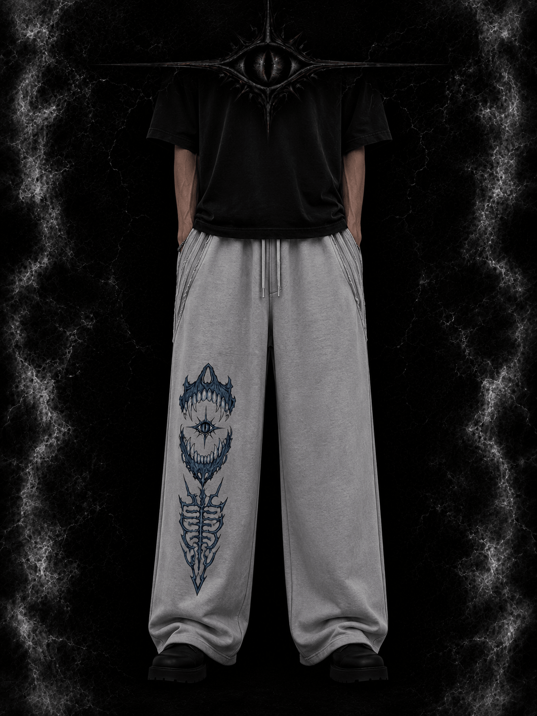 Rear view of the relaxed streetwear thick joggers showing premium patchwork stitching