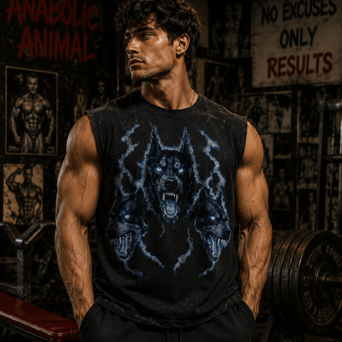 Muscular man wearing a black sleeveless shirt with wolf design in a gym setting.