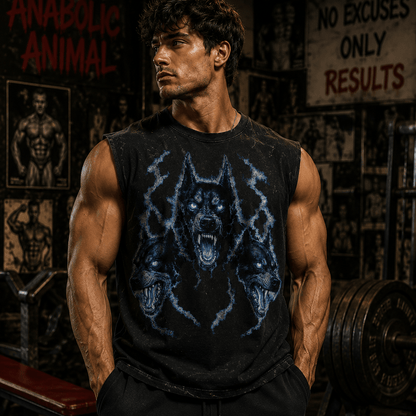 Muscular man wearing a black sleeveless shirt with wolf design in a gym setting.