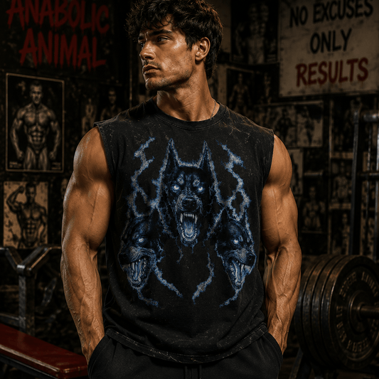 Muscular man wearing a black sleeveless shirt with wolf design in a gym setting.