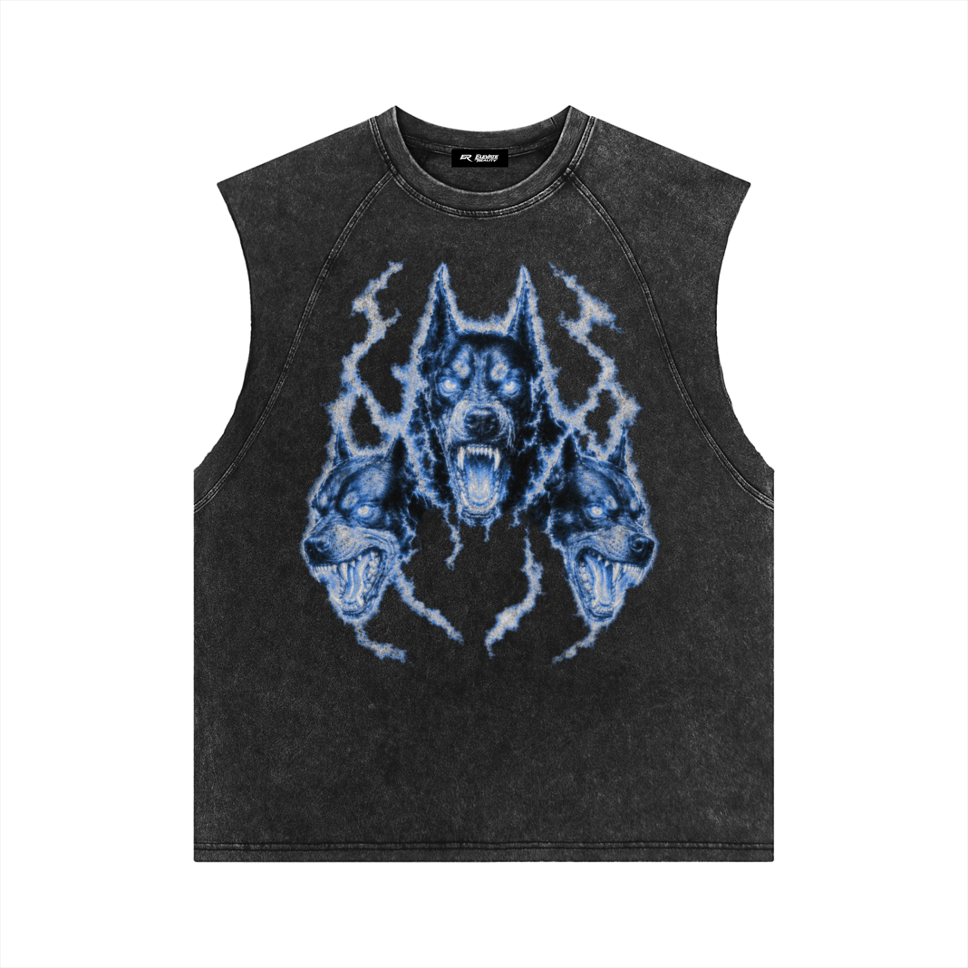 Front view of Cerberus Heavyweight Oversized Muscle Tank in vintage acid wash black