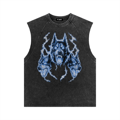 Front view of Cerberus Heavyweight Oversized Muscle Tank in vintage acid wash black