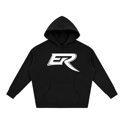 Thick fleeced cotton blend hoodie showing ribbed waistband and cuffs texture