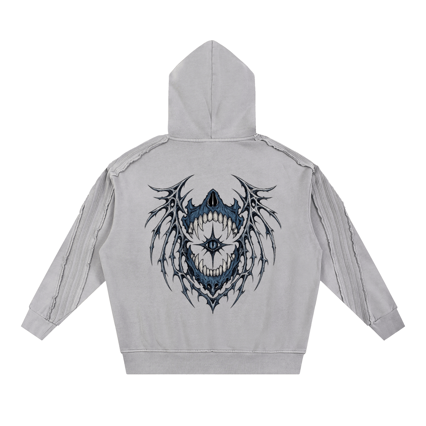Close up of the adjustable drawstring hood and heavy snow wash fabric texture