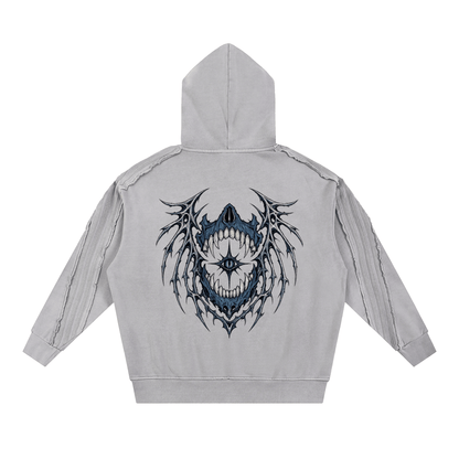 Close up of the adjustable drawstring hood and heavy snow wash fabric texture