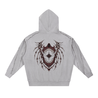 Black WINGED CRIMSON WITNESS HOODIE option showcasing the detailed graphic art layout