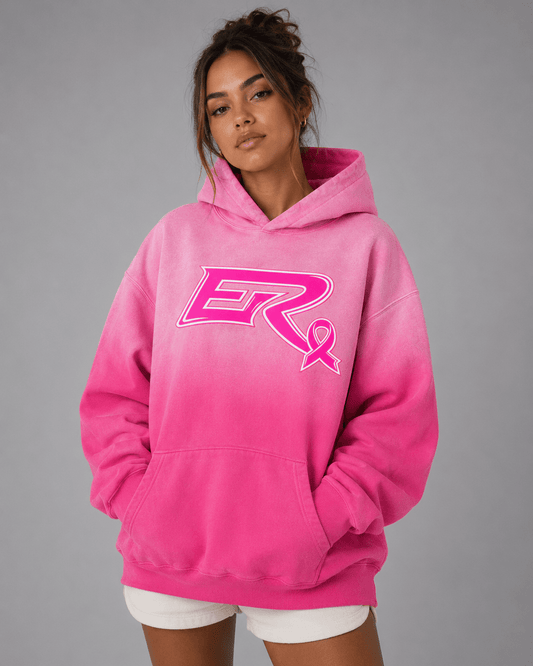 Pink Ribbon Sunfade Oversized Hoodie showcasing the unique light to dark gradient wash