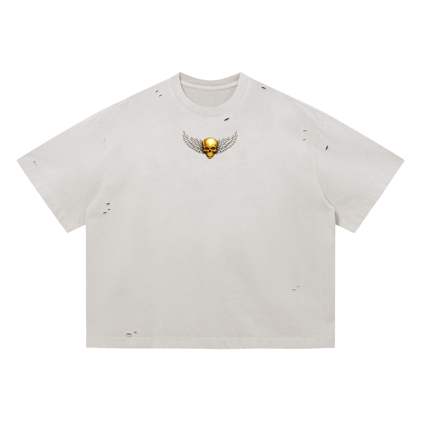 Close up view of the frayed ripped edges on the premium pure cotton graphic shirt