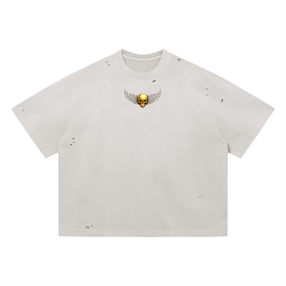Close up view of the frayed ripped edges on the premium pure cotton graphic shirt