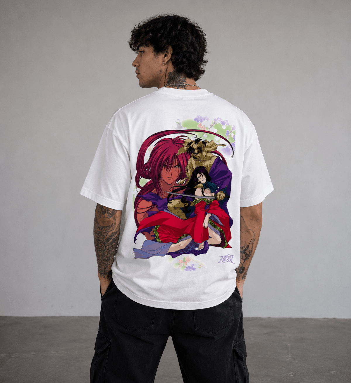 Rear view of the loose fit unisex black anime graphic tee shirt