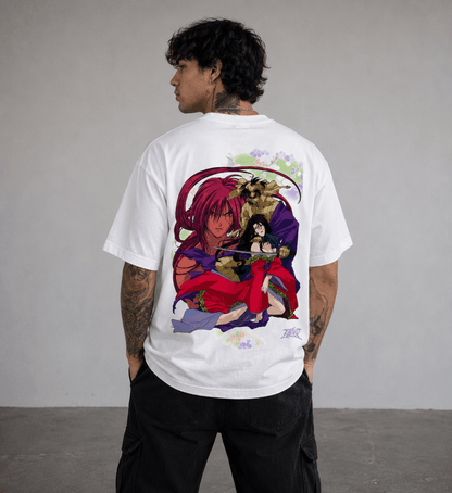 Rear view of the loose fit unisex black anime graphic tee shirt