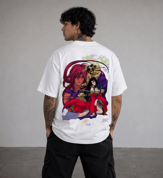Rear view of the loose fit unisex black anime graphic tee shirt