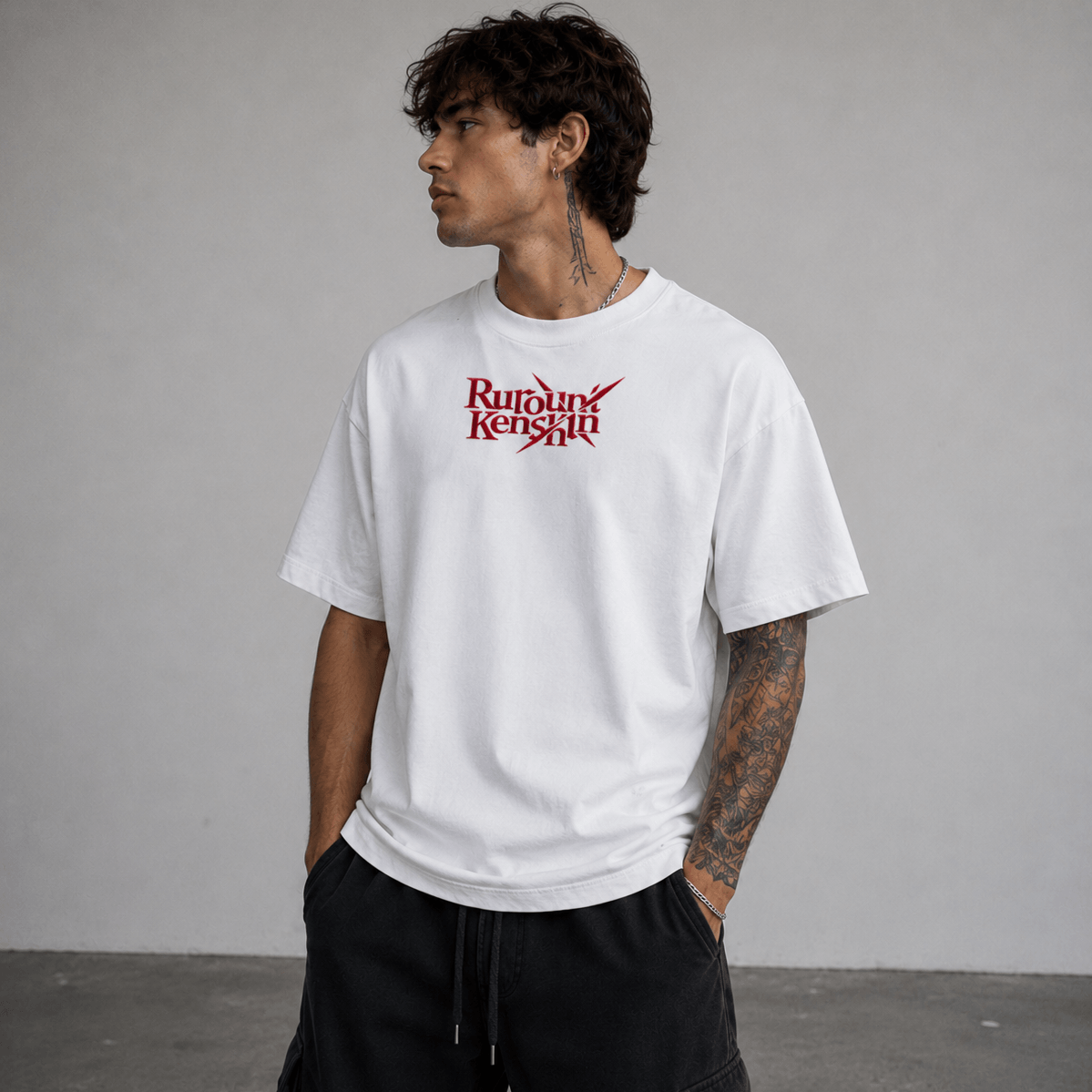 Thick 430 gsm washed pure cotton fabric texture detail on drop shoulder tee