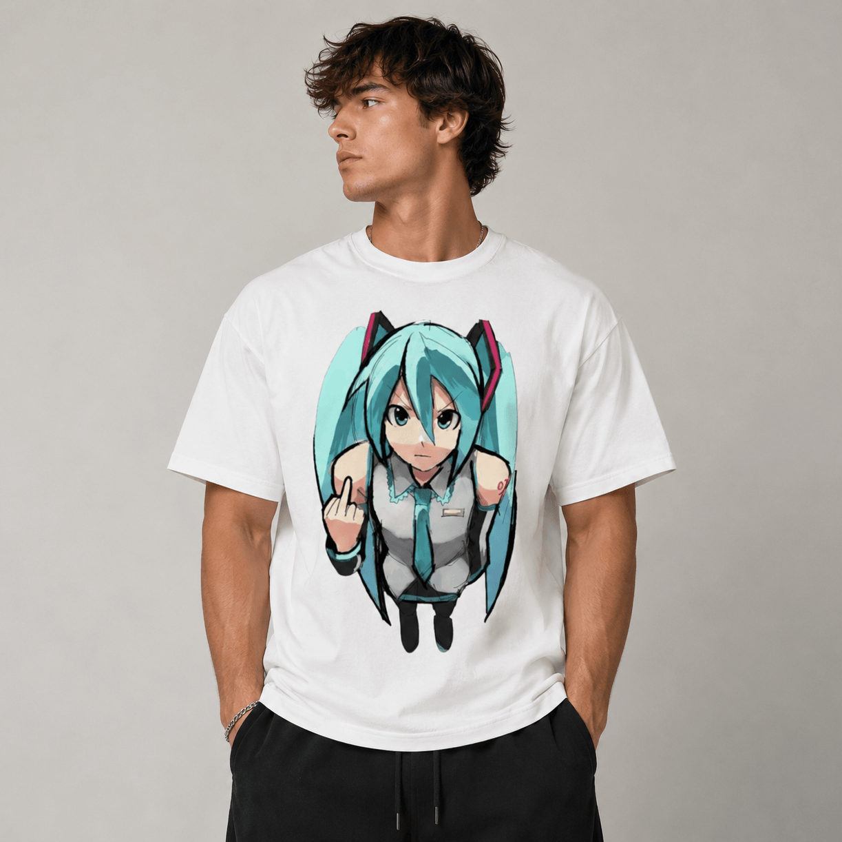Rear view of the loose fit black pure cotton anime graphic tee shirt